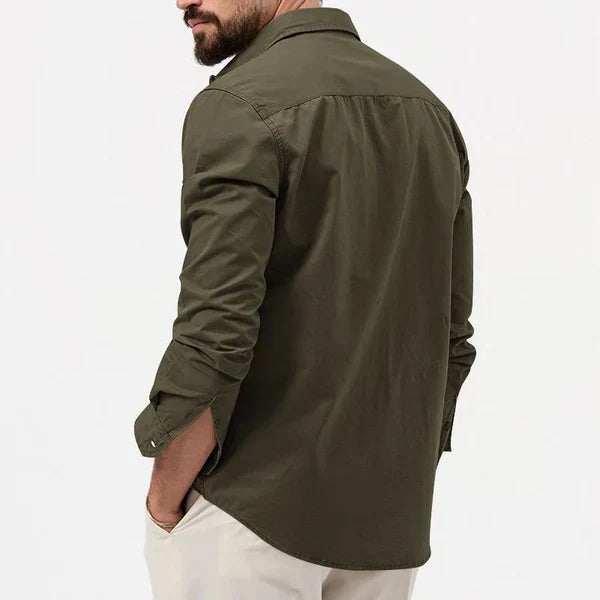 Stylish men's long sleeve shirt with a unique notch collar design and functional cargo pockets.