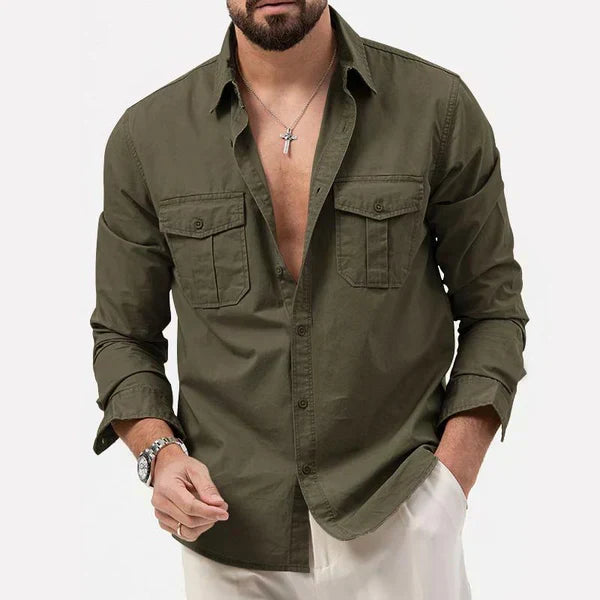 Versatile men's long sleeve cargo shirt with a modern notch collar, suitable for various occasions.