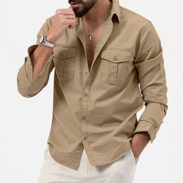 Practical men's utility shirt, 'Tobias' model, featuring a comfortable notch collar & multiple pockets.
