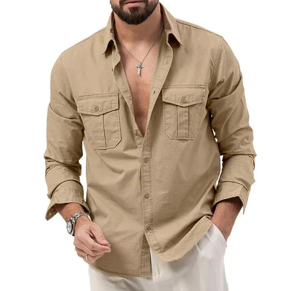 Men's stylish long sleeve shirt with a distinctive notch collar and functional, well-placed cargo pockets.