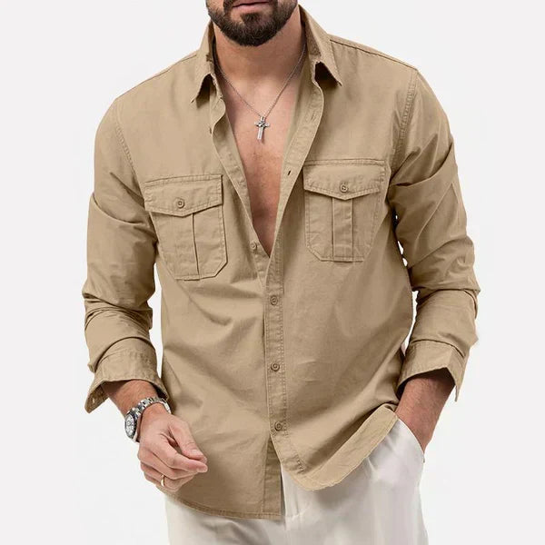 The 'Tobias' men's versatile cargo shirt, ideal for stylish men, with a notch collar and utility pockets.