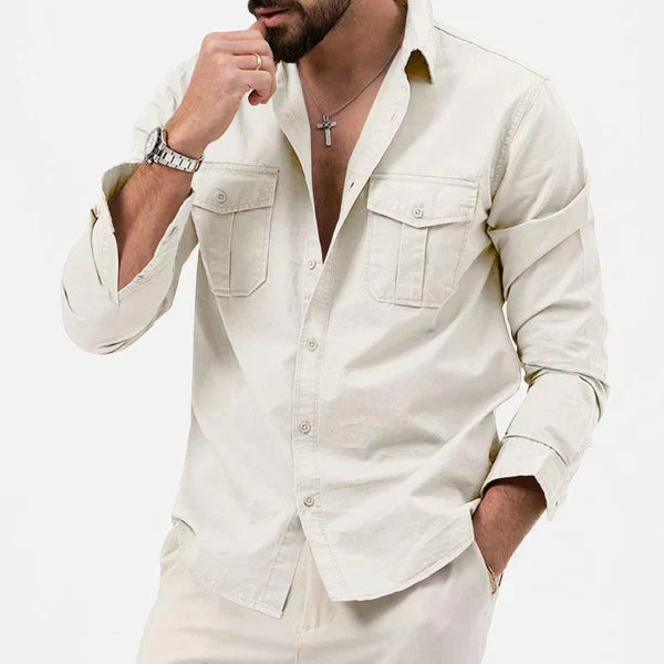 Long sleeve men's cargo shirt featuring a chic notch collar and functional chest pockets.