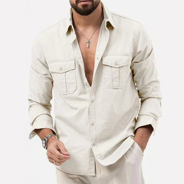 Stylish men's utility shirt in a modern fit, with a distinctive notch collar & handy cargo pockets.