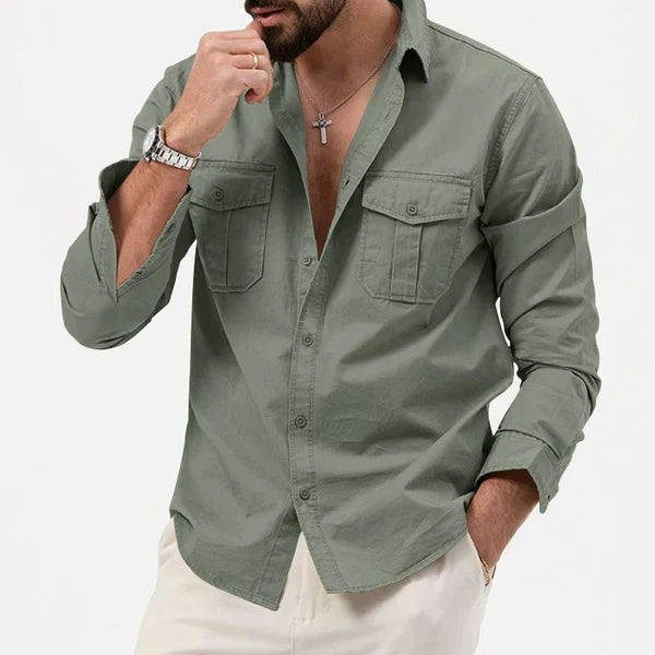 Modern men's cargo shirt for versatile styling, featuring a unique notch collar and many pockets.