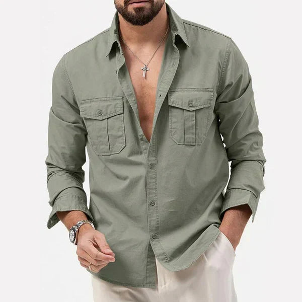 Durable men's 'Tobias' cargo shirt with long sleeves, a smart notch collar, and useful utility pockets.