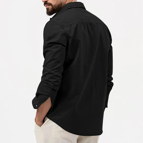 Fashionable men's long sleeve cargo shirt, ideal for casual or smart-casual looks, with notch collar.
