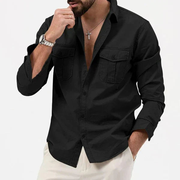 Men's versatile utility shirt, 'Tobias' style, with a trendy notch collar & ample storage pockets.