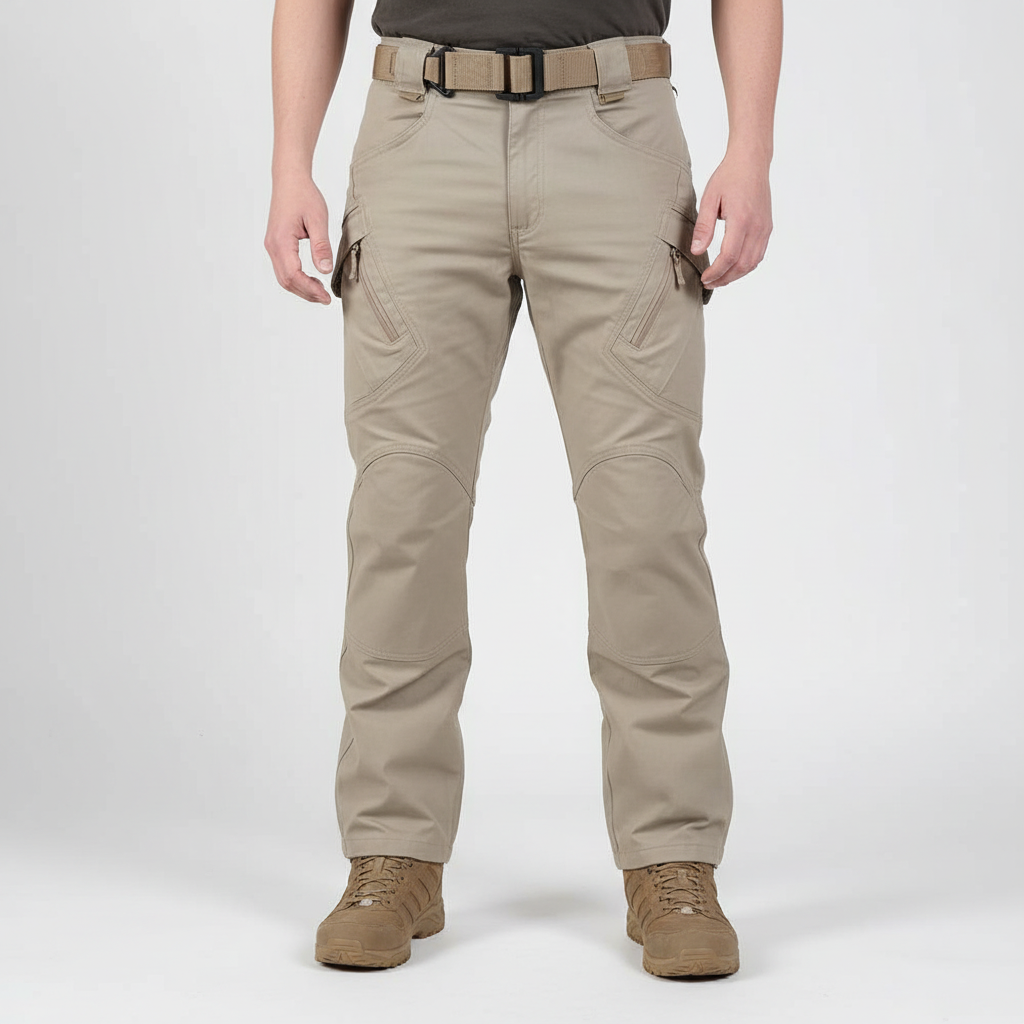 Model wearing men's durable cargo trousers, Gabriel, outdoor fashion, side view