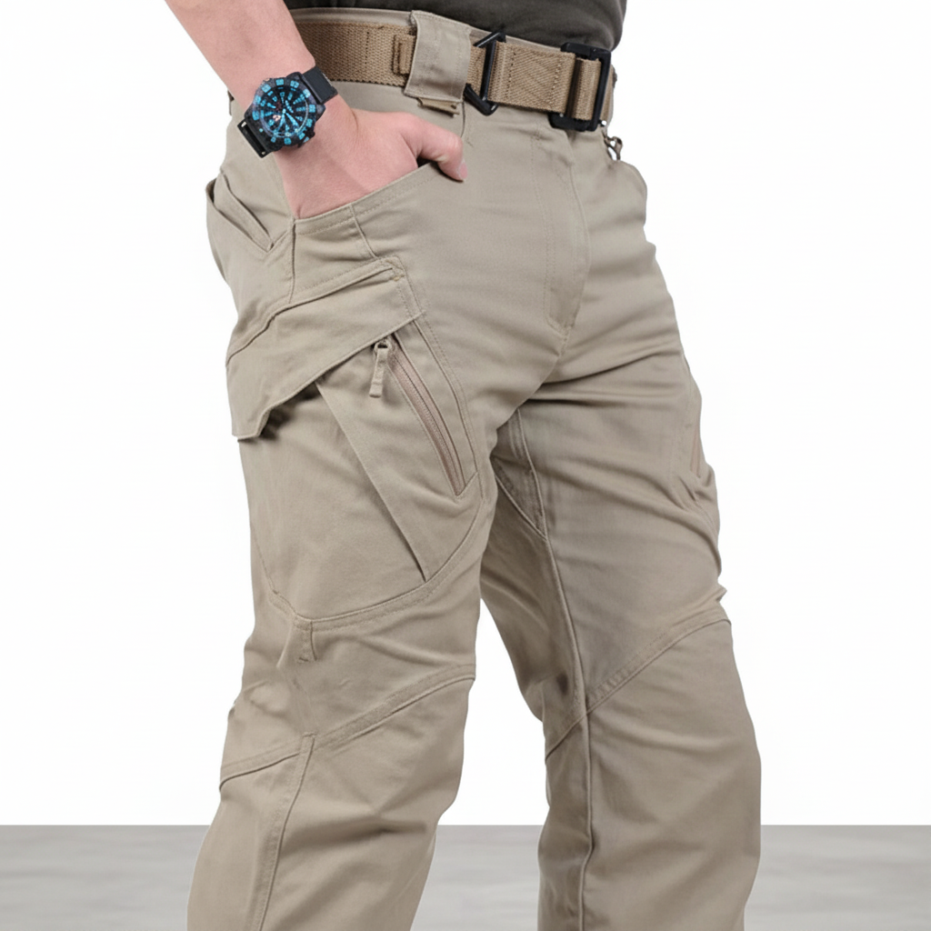 Close-up of multi-pocket detail on men's versatile cargo trousers, suitable for casual wear