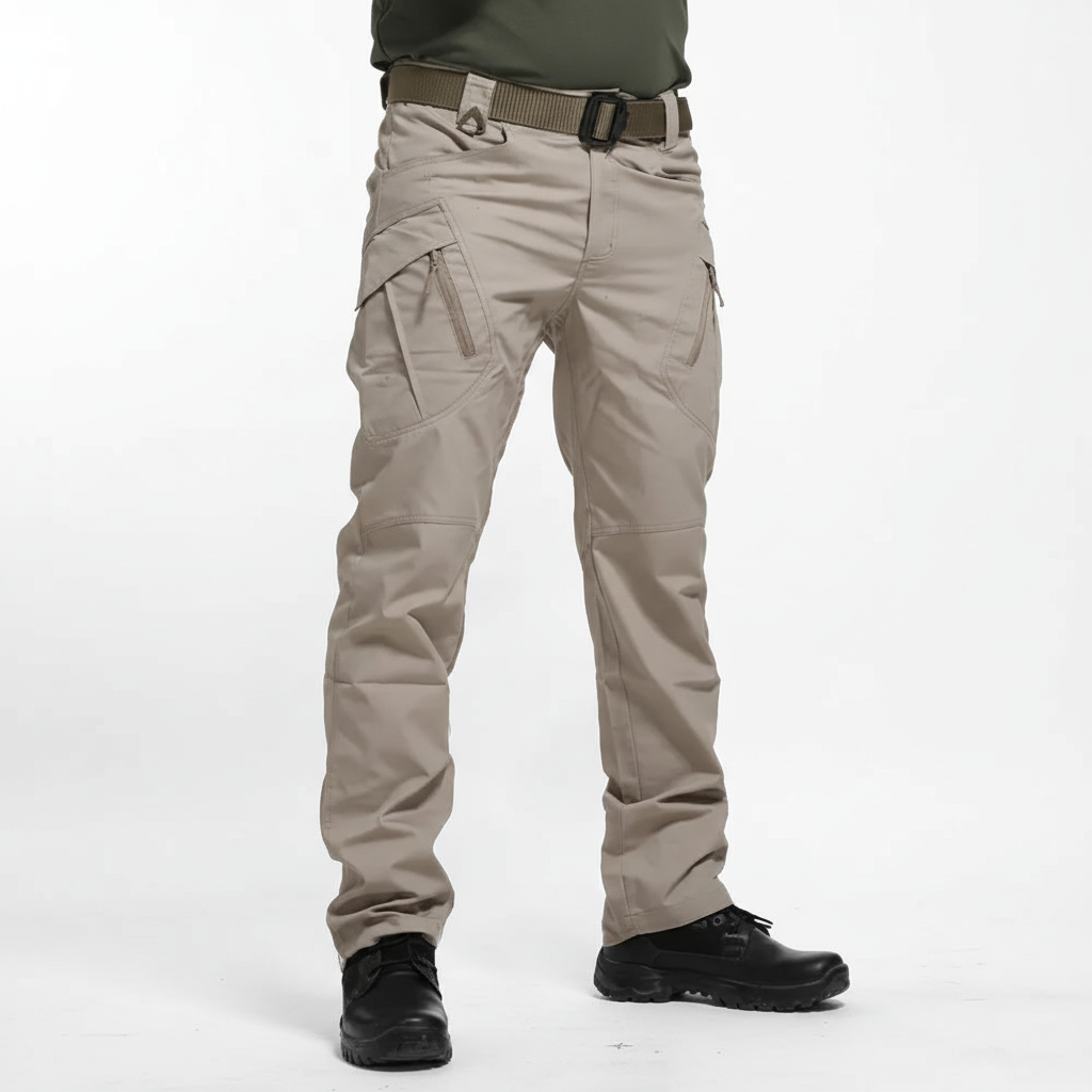 Flat lay of men's versatile navy blue cargo trousers, Gabriel, folded, emphasizing fabric and design
