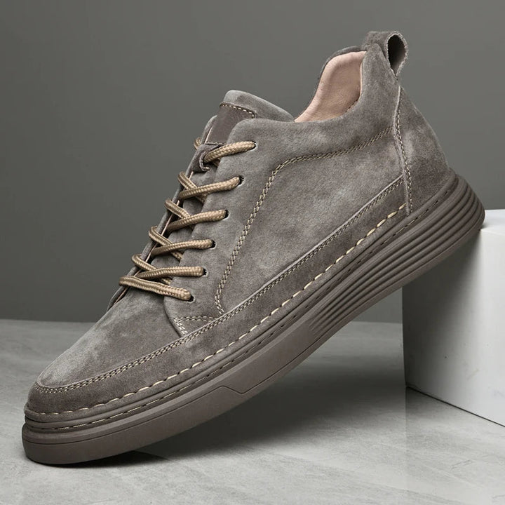 Stylish men's versatile sneakers in a camel and gray design, great for casual everyday fashion footwear.