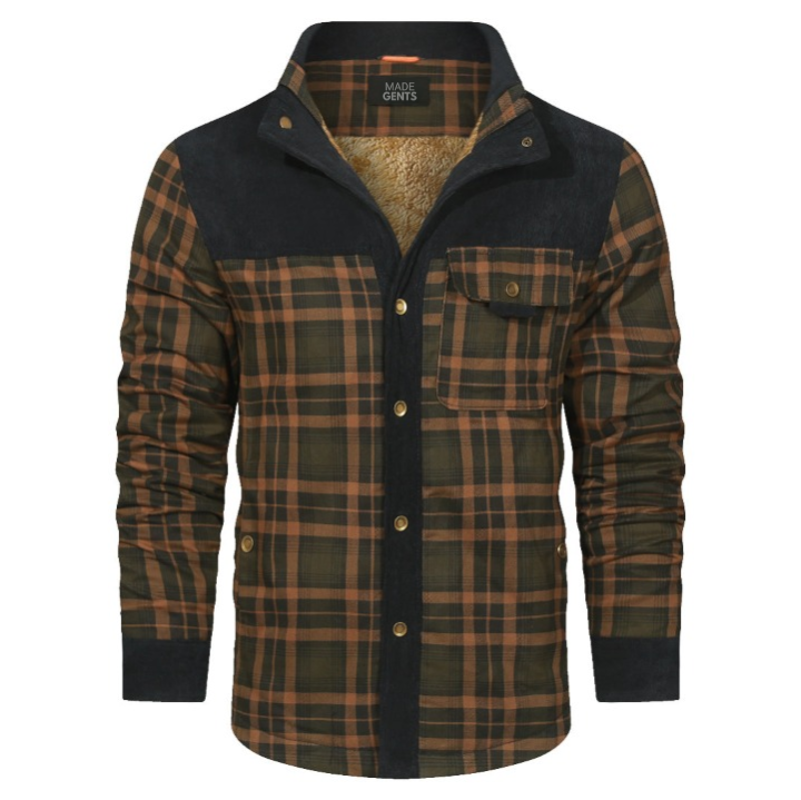 Durable men's checked shirt jacket, a versatile sand camouflage outerwear piece for everyday casual wear.