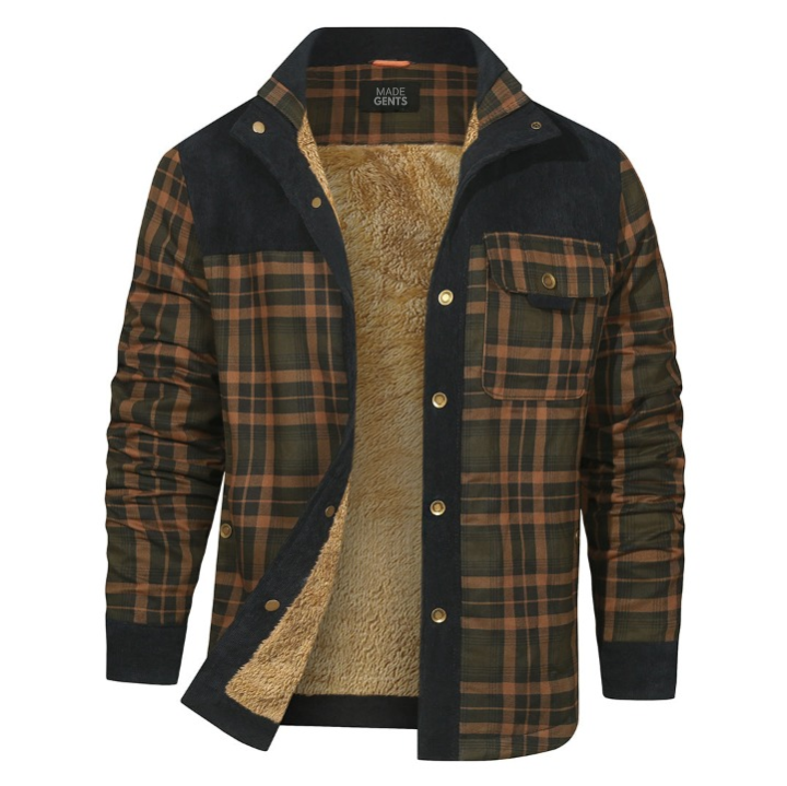 Versatile men's checked shirt jacket, ideal as casual outerwear or for layering in a sand camouflage pattern.