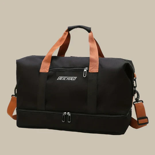 Stylish men's weekender travel bag. Carry-on size with a separate shoe compartment for easy packing.