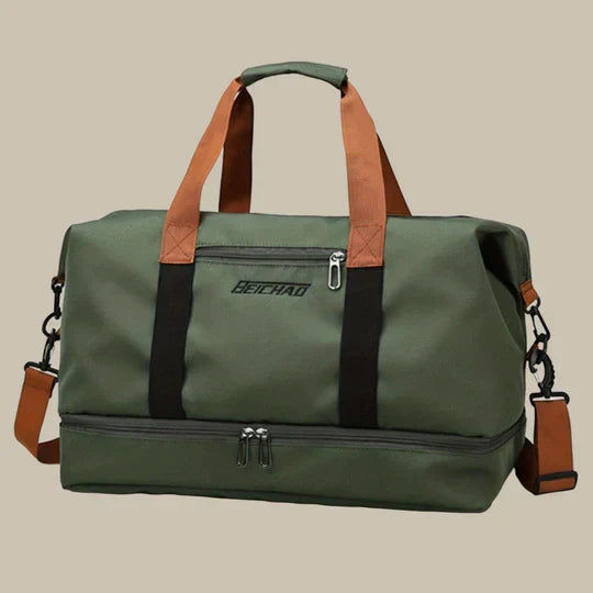 Spacious men's duffle bag interior, showcasing the organized main compartment and shoe section.