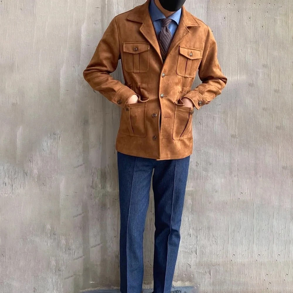 Stylish men's outdoor field jacket for casual wear, featuring four utility pockets & a notch collar.