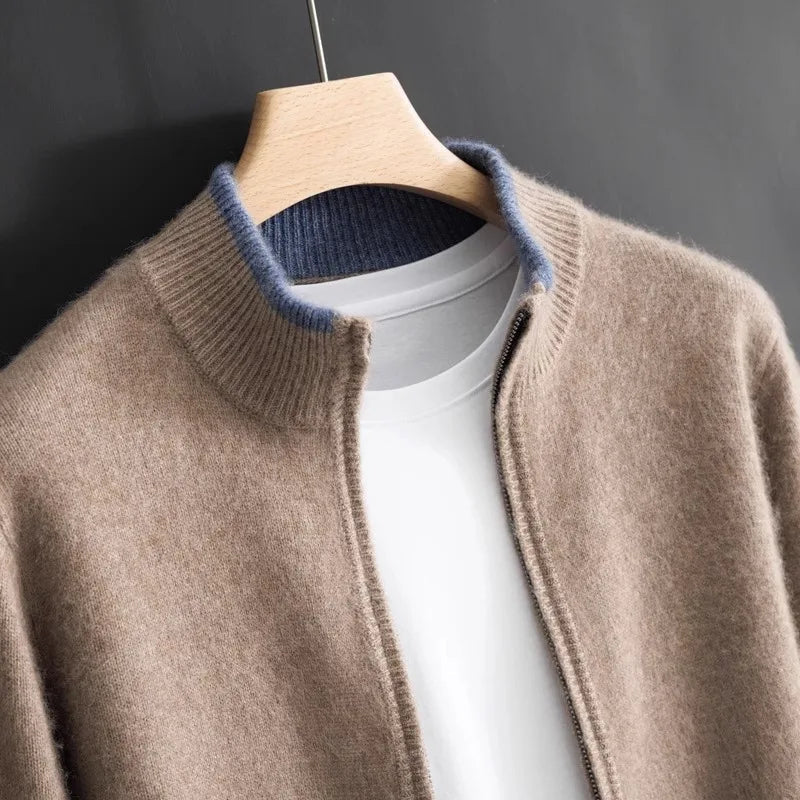 Comfortable men's long-sleeve full-zip cardigan jacket, an essential for fall layering.