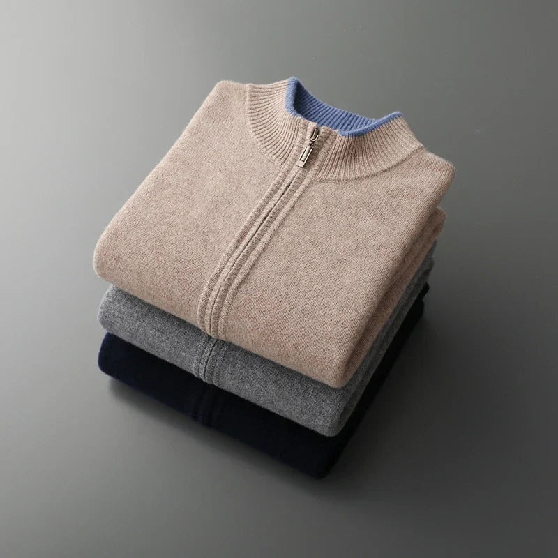 Stylish men's tailored fit zip-up cardigan jacket, ideal for casual and smart casual outfits.