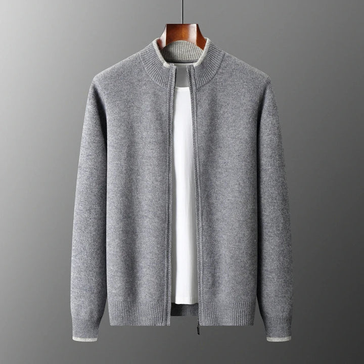 Men's long-sleeve zip-up cardigan jacket with tailored fit, a versatile layering piece.