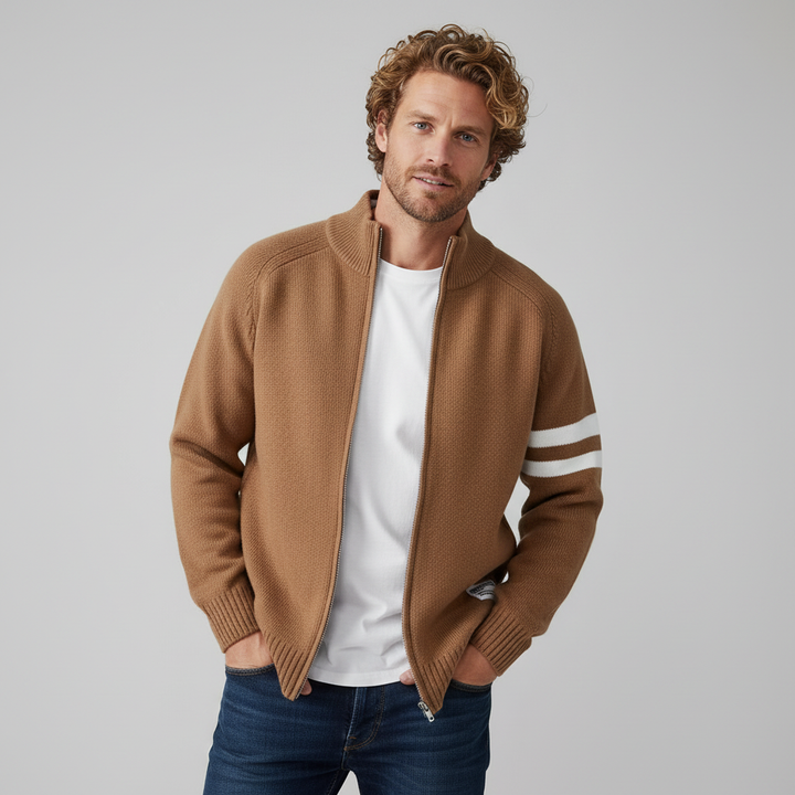 Men's versatile full zip sweater with stylish stripe detail, perfect for everyday layering.