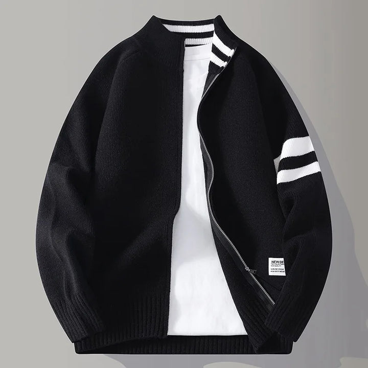 Modern men's full zip sweater, a versatile outerwear piece with distinctive stripe detail.