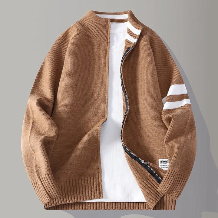 Casual men's long sleeve full zip sweater featuring a modern stripe detail. Ideal outerwear.
