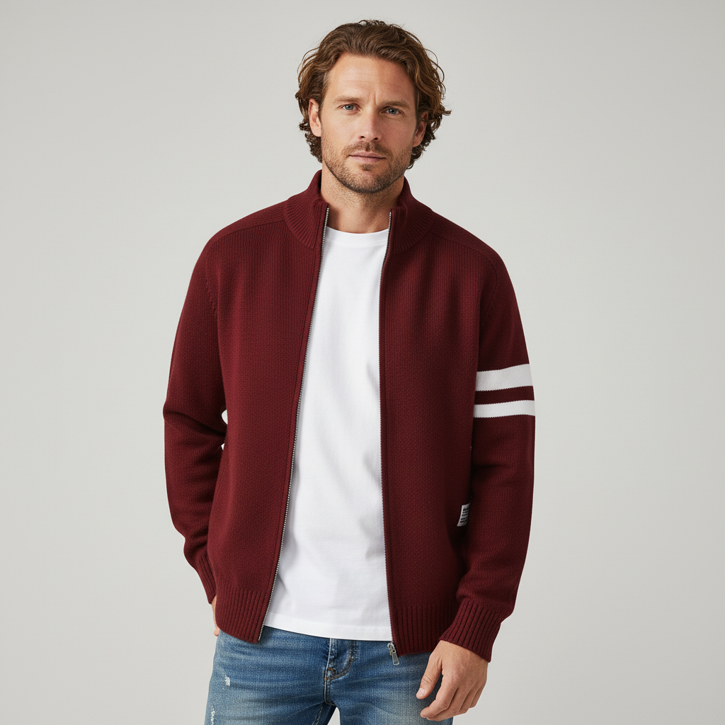 Stylish men's full zip sweater in a versatile design with subtle stripe detail for layering.
