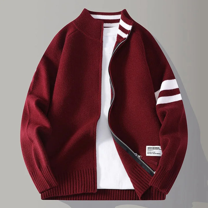 Everyday men's full zip sweater with distinctive stripe detail. Comfortable and casual.
