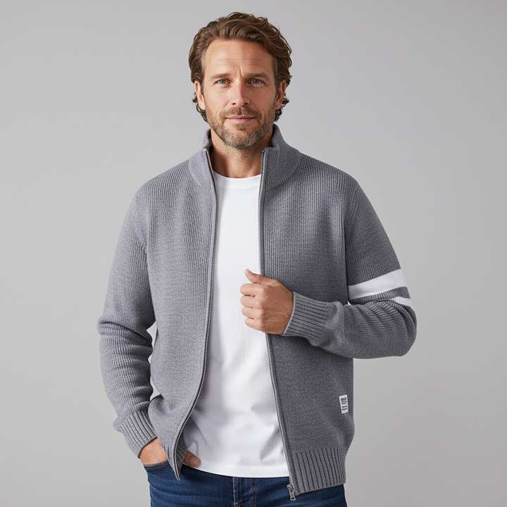Men's long sleeve full zip sweater with chic stripe detail, great for versatile casual wear.