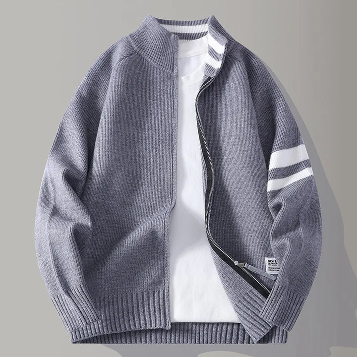 Versatile men's full zip sweater, perfect for layering. Features modern stripe detail.