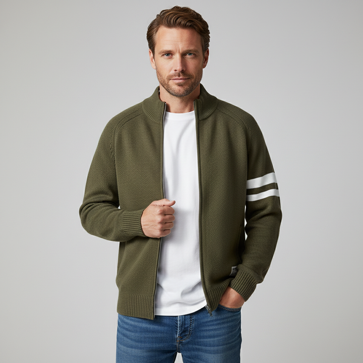 Classic men's casual full zip sweater with elegant stripe detail for everyday comfort.
