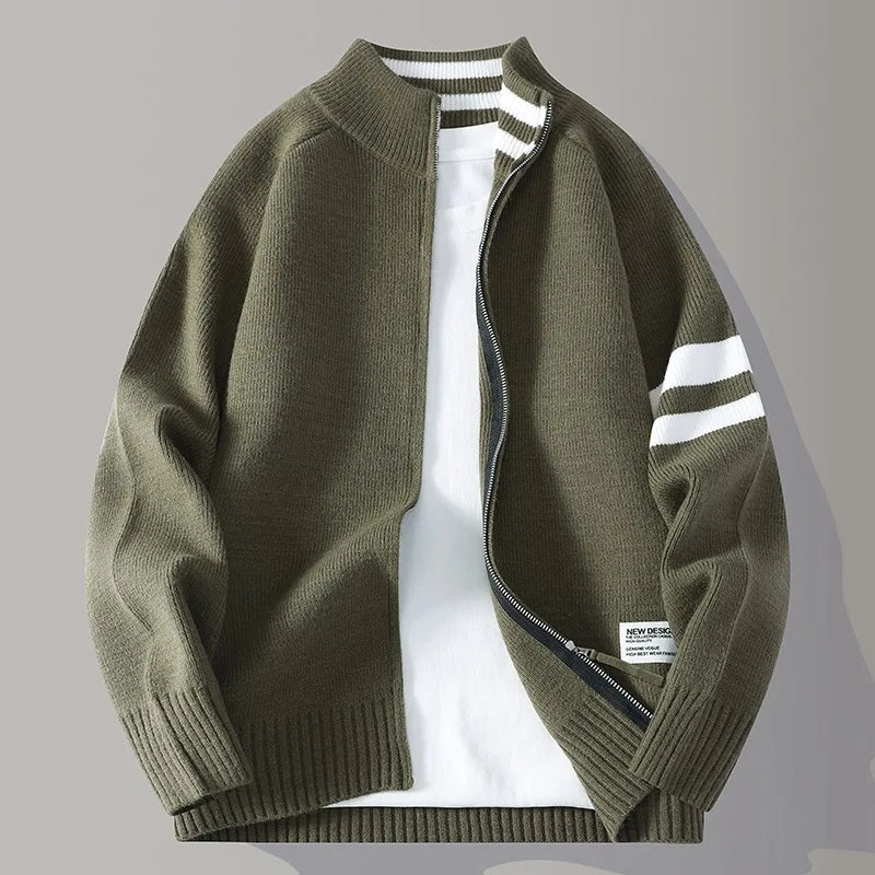 Men's long sleeve full zip sweater in a versatile design, featuring subtle stripe accents.