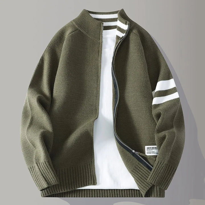 Men's long sleeve full zip sweater in a versatile design, featuring subtle stripe accents.