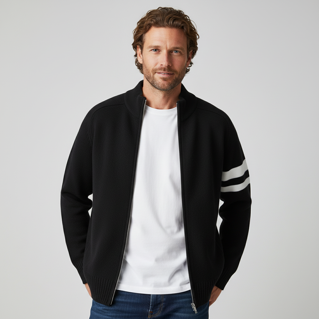 Fashionable men's full zip sweater with stylish stripe detail, ideal for casual layering.