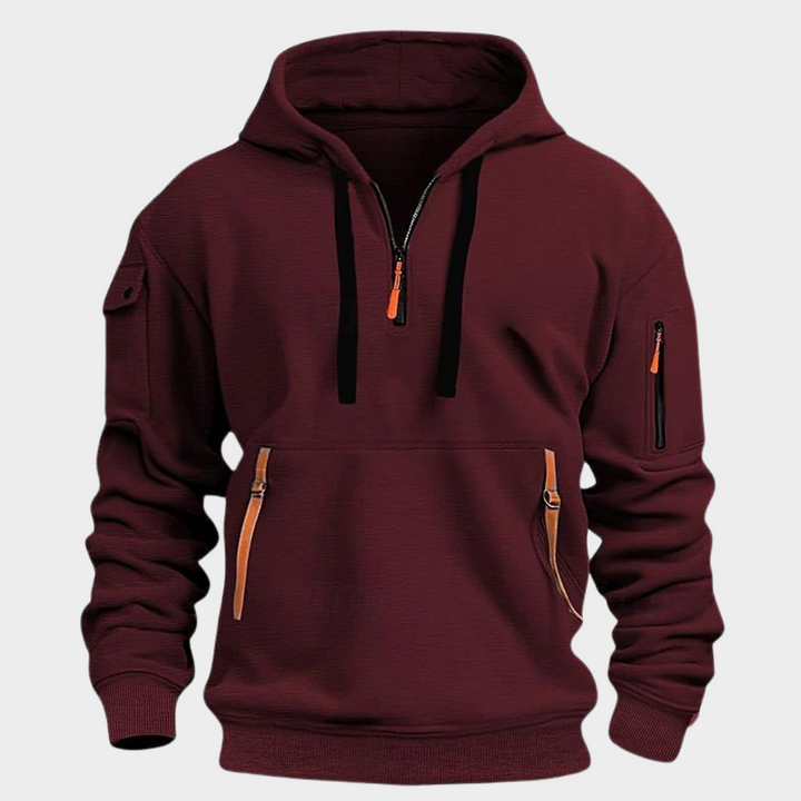 Casual men's half-zip hoodie, a comfortable pullover with secure zippered pockets for daily wear.