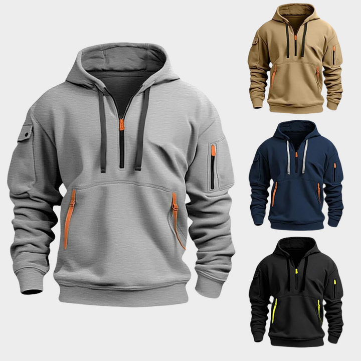 Stylish men's half-zip pullover hoodie, ideal for comfortable casual wear, streetwear, or athletic activities.