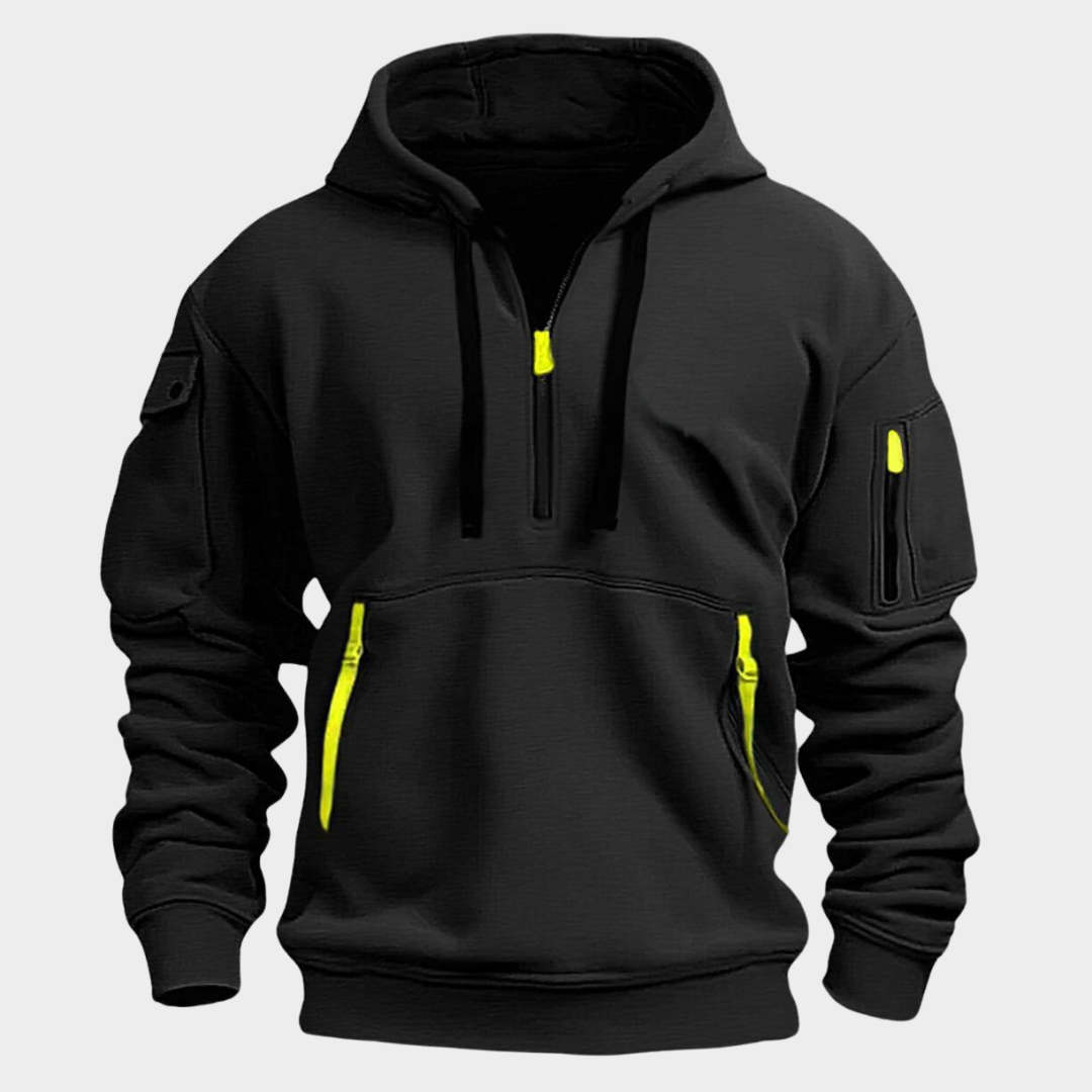 Men's Diego half-zip hooded sweatshirt with secure zippered pockets, perfect for versatile activewear or daily comfort.
