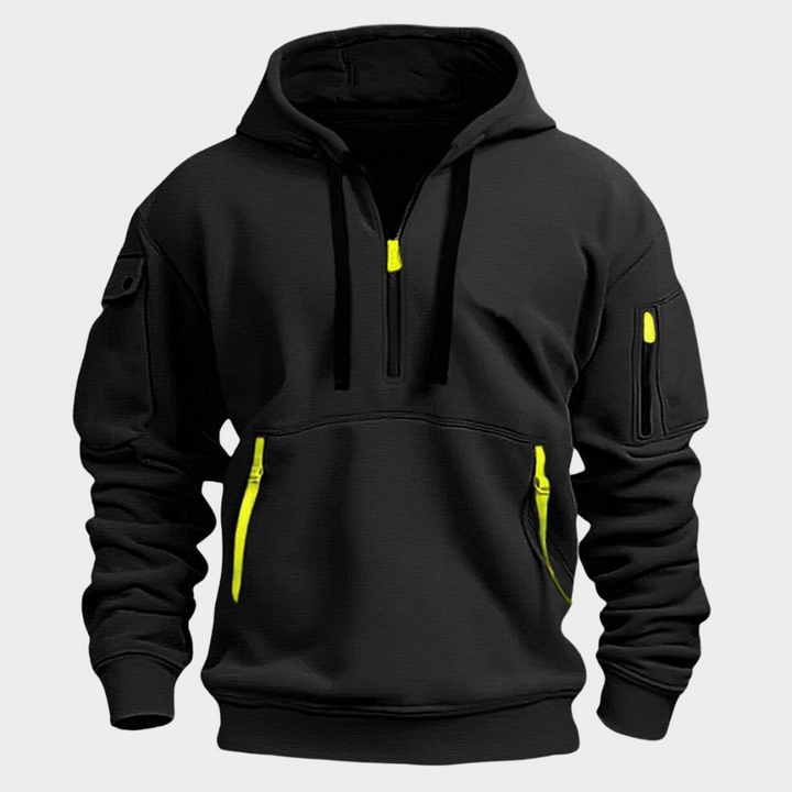 Men's Diego half-zip hooded sweatshirt with secure zippered pockets, perfect for versatile activewear or daily comfort.