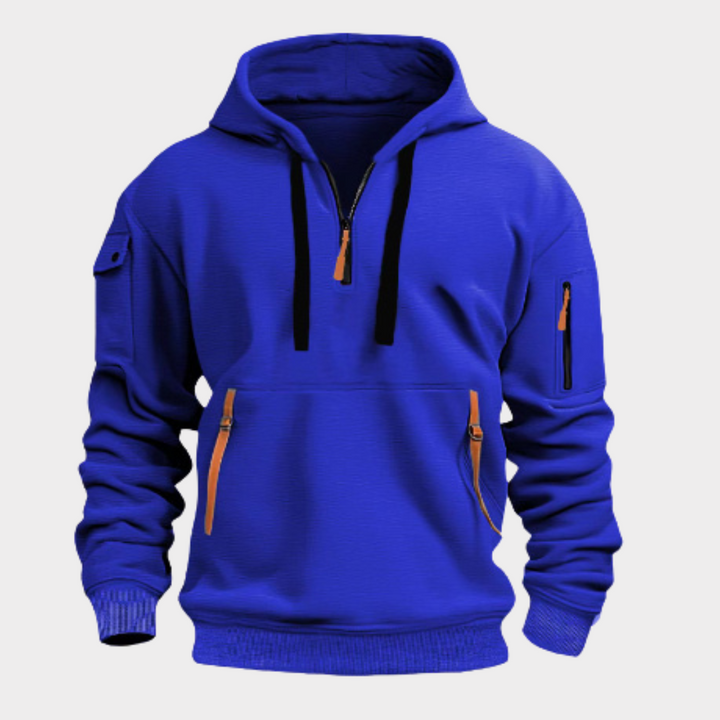 Active men's half-zip hoodie, perfect for workouts or casual outings, with practical secure zippered pockets.