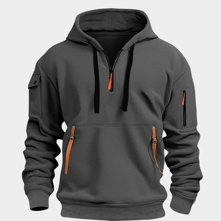 Soft men's half-zip pullover hoodie, offering comfort & style for everyday wear or light athletic activities.
