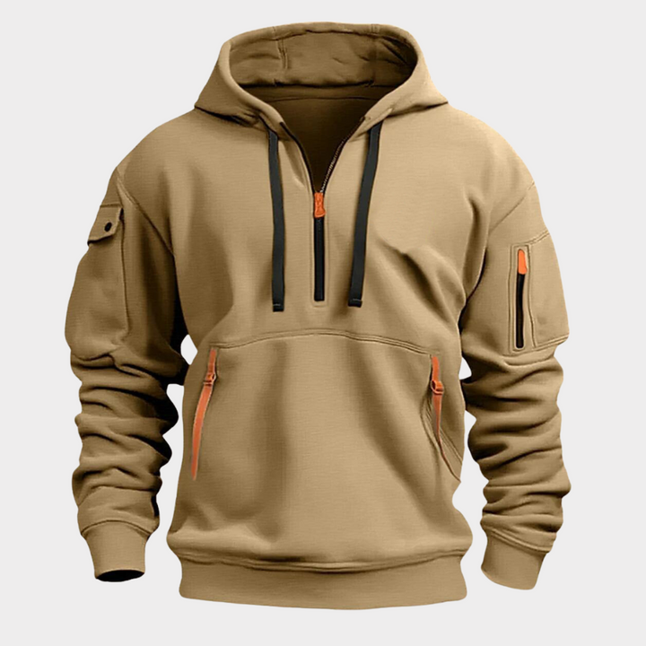 Modern men's half-zip streetwear hoodie, a versatile pullover with secure pockets, suitable for urban casual style.