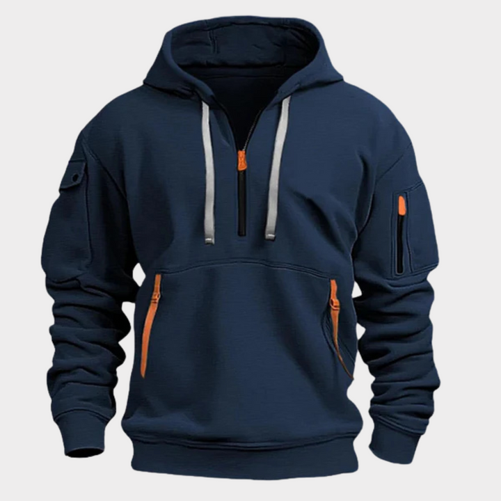 Versatile men's half-zip sweater hoodie, perfect for layering or stand-alone wear, featuring practical secure zippered pockets.
