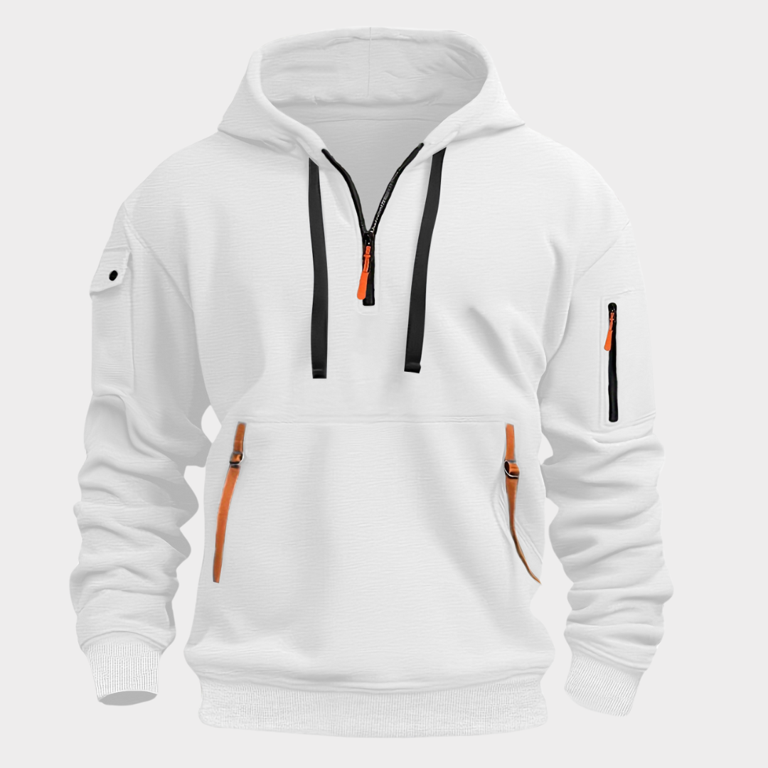 Men's half-zip hooded sweatshirt, a comfortable pullover with functional zippered pockets for everyday essentials.