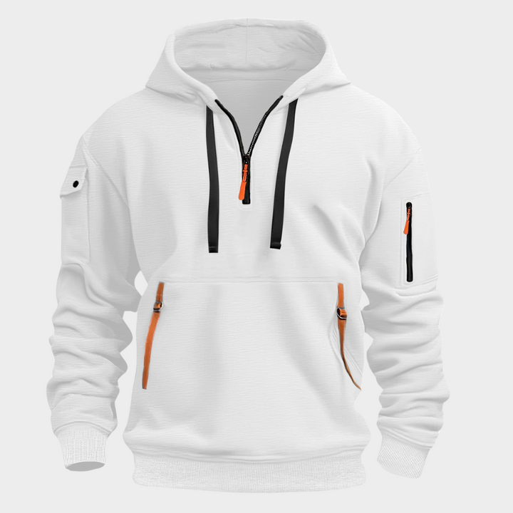 Men's half-zip hooded sweatshirt, a comfortable pullover with functional zippered pockets for everyday essentials.