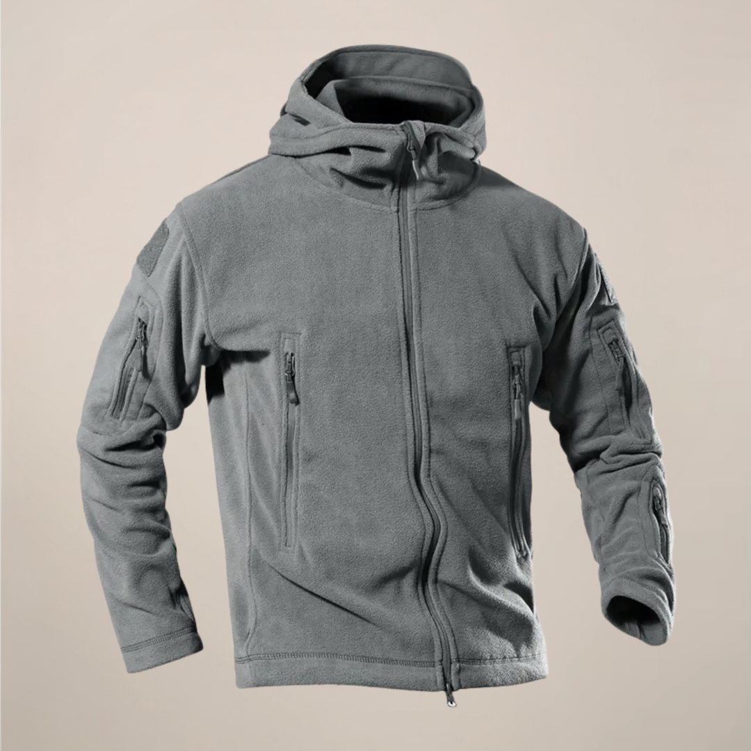 Man wearing a lightweight hooded jacket, perfect for cool weather comfort. Weather-resistant men's outerwear for autumn casual & outdoor use.