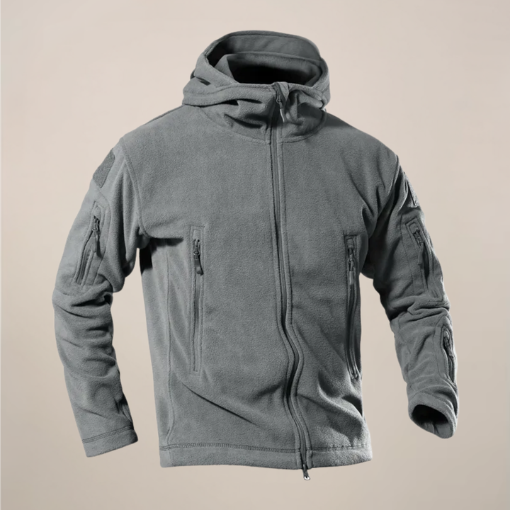 Man wearing a lightweight hooded jacket, perfect for cool weather comfort. Weather-resistant men's outerwear for autumn casual & outdoor use.