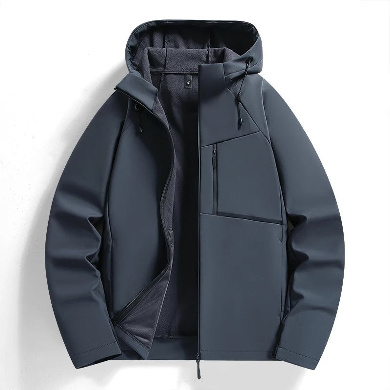 Men's hooded jacket showcasing comfortable fit. Perfect activewear for outdoor and everyday use, spring/fall.