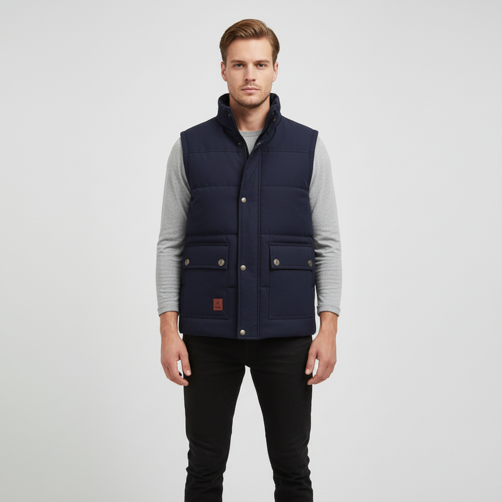 Close-up of a men's body warmer vest with insulated quilting, ideal for cold weather