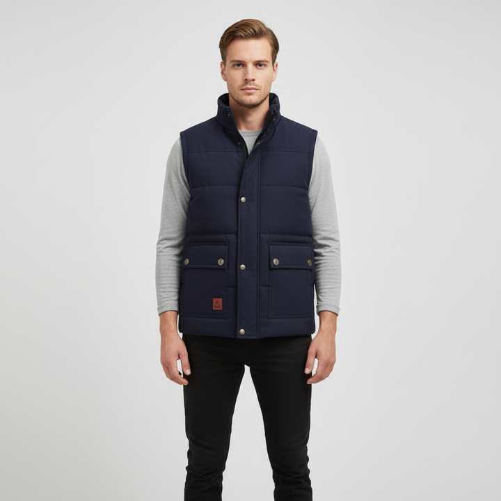Close-up of a men's body warmer vest with insulated quilting, ideal for cold weather