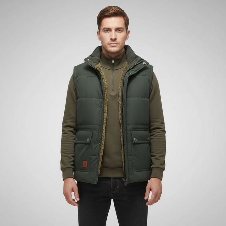 Outdoor shot of a man wearing a warm insulated vest, suitable for winter fashion